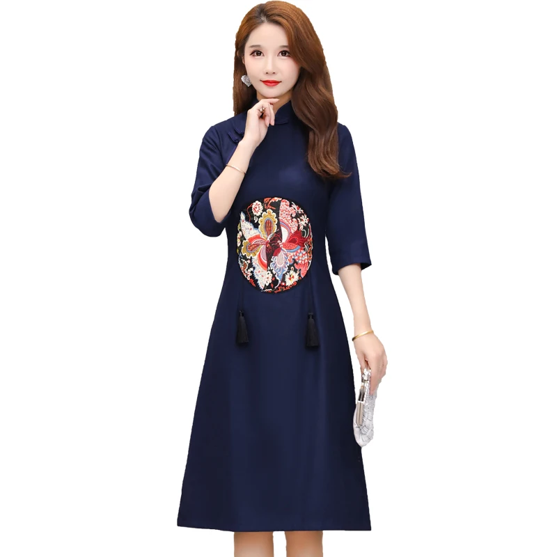 Новинка, винтажное женское платье, длинный рукав,, французское, Cheongsam, модифицированное, Китай, длинное, в ветру, платья темно-синего цвета, 7112