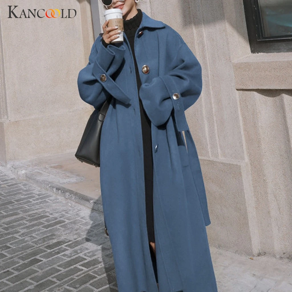 KANCOOLD, новинка, Женское пальто большого размера, свободный, толстый, теплый, с карманами, на пуговицах, кардиган на поясе, шерстяная ветровка, длинное пальто