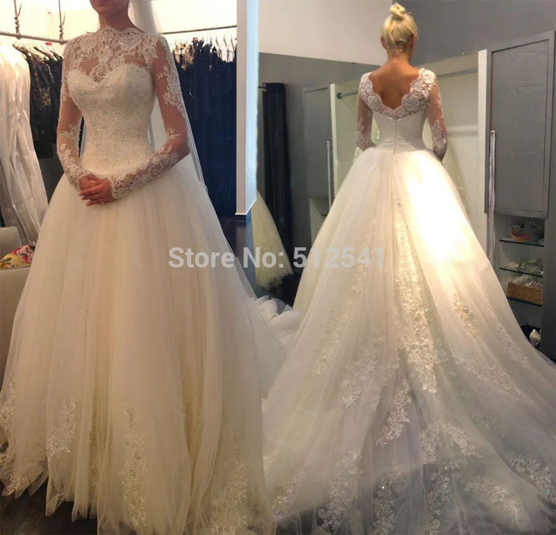 

robe de mariee Lace Long Sleeve vestido de noiva Wedding Dress Sheer Applique Beads Sequin Sweep Train 2019 Bridal dresses