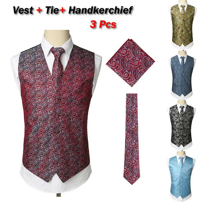 Hot Mens Black Waistcoats Slim Fit Men 3pcs Vest+Necktie+Handkerchief Set Paisley Jacquard Tuxedo Suit Vest For Party Wedding