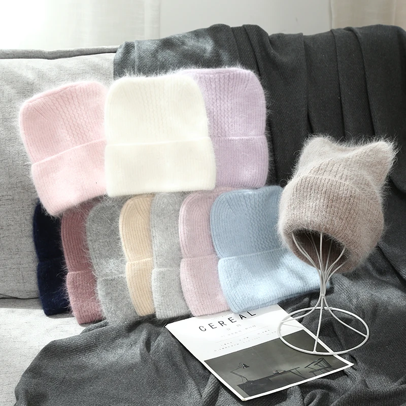 VISROVER 17 Colorway Unisex Solid Cat Shape Rabbit Fur Woman Winter Hat Soft Autumn Bonnet Cute Cat Ear Woman Warm Skullies Gift