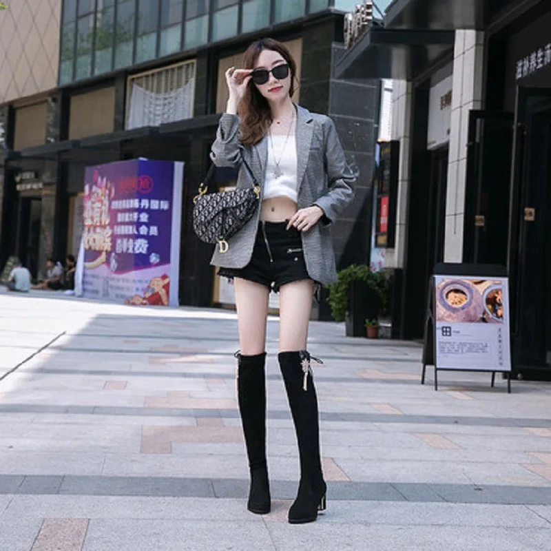 2019 winter new women's fashion boots wild and comfortable suede high tube stretch knee over round thick heel women boots