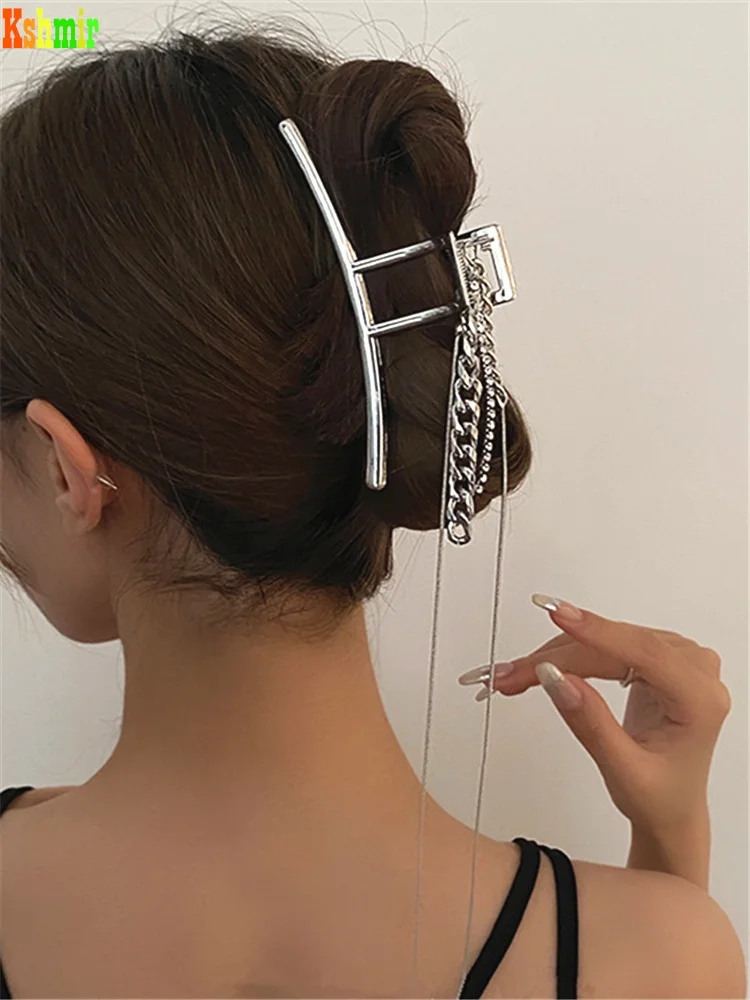 패션 술 체인 금속 대형 여성 헤어 클립, 세련된 발톱 클립 머리 뒷면 헤어 그..