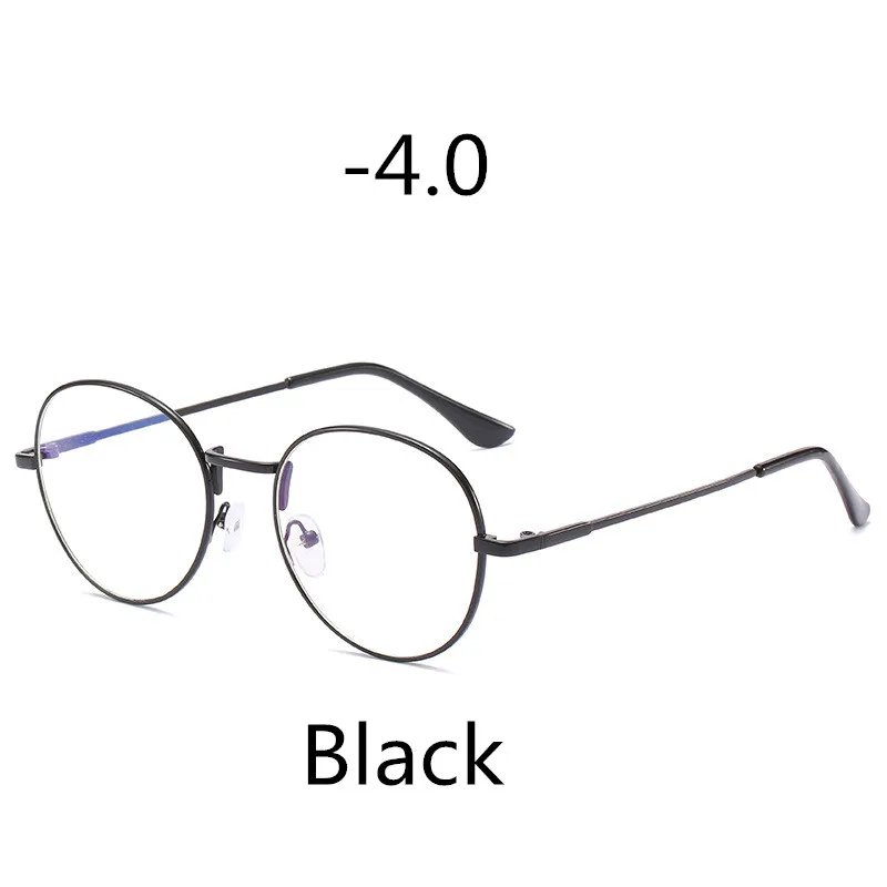 Elbru, анти-синий светильник, очки для близорукости, Женская круглая металлическая оправа, Короткие очки с градусом-1,0-1,5-2,0-2,5-3,0-3,5-4,0 - Цвет оправы: Black -400