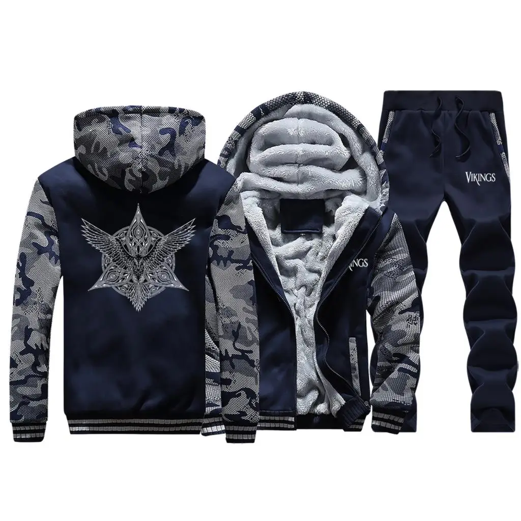 Dark Blue 5 Vikings Мужская камуфляжная толстовка с капюшоном зимняя повседневная куртка с принтом в стиле ретро с длинным рукавом+ штаны комплект из 2 предметов спортивная куртка - Цвет: Dark Blue 5