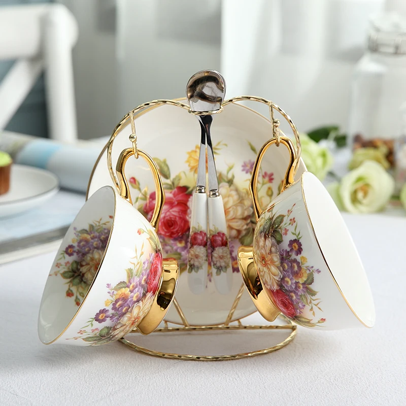 2Cups n Holder Пасторальный цветочный костяной фарфор чайная чашка блюдце ложка набор 200 мл кафе керамическая кофейная чашка элегантная Современная фарфоровая чайная чашка Прямая поставка - Цвет: 2Cups n Holder