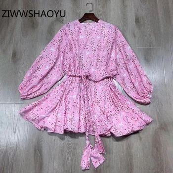 

ZIWWSHAOYU Autumn Women Long Sleeve Print Vintage Mini Dress Designer Ladies Belt Ruffles Holiday A-Line Dresses Vestidos