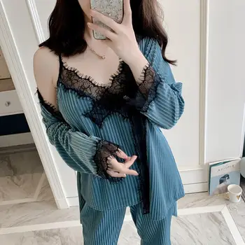 

3 Pieces Sleepwear Autumn Winter Warm Pajama Sets for Women Sexy Lace Patchwork Padded Vest/ Long Pants/ Cardigan Sleepwear Set