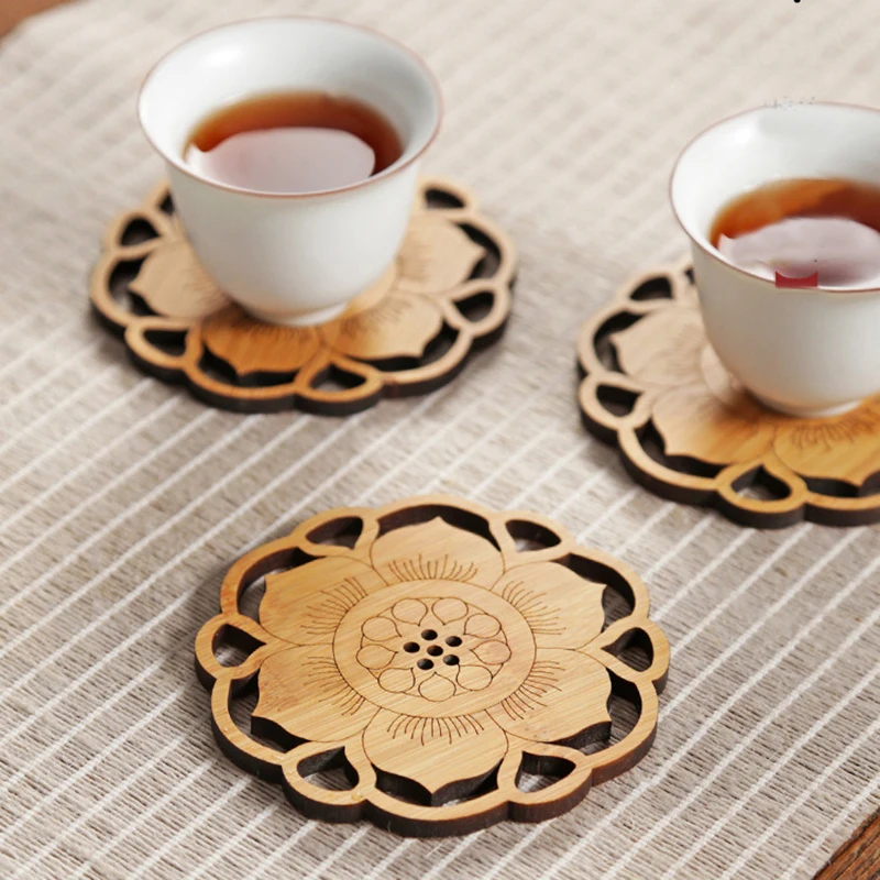 

Lotus Bamboo Cup Coasters Mat Coffee Mug Mat Tea Pad Dining Fashion Soft Wooden Placemats Desktop Non-slip Table Pad