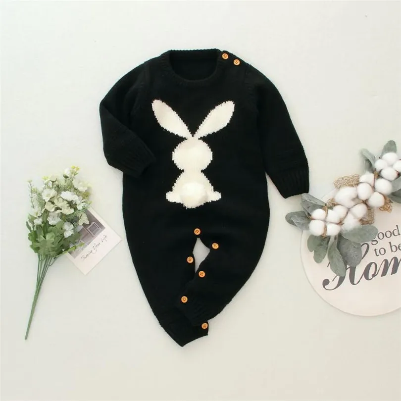 Одежда для новорожденных трикотажные детские комбинезоны для девочек с изображением кролика, осенне-зимние ползунки, хлопковый комбинезон для новорожденных мальчиков - Цвет: Черный