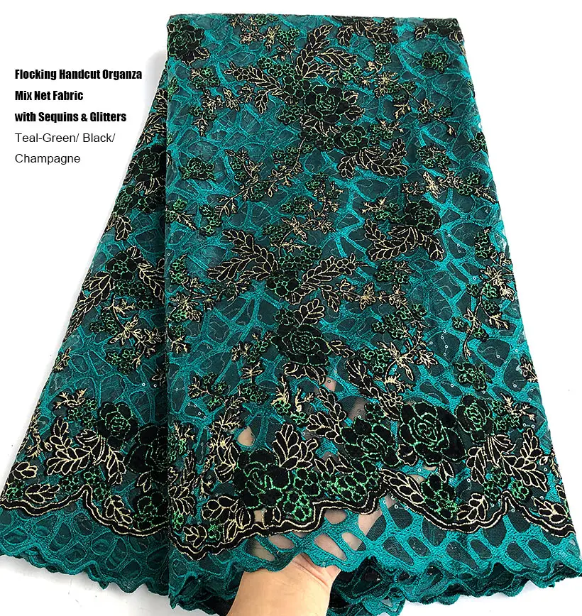 5 yards African Flocking Handcut Organza Lace mix French Net fabric with Glitters Sequins inspired Wear for Occasions Celebrants