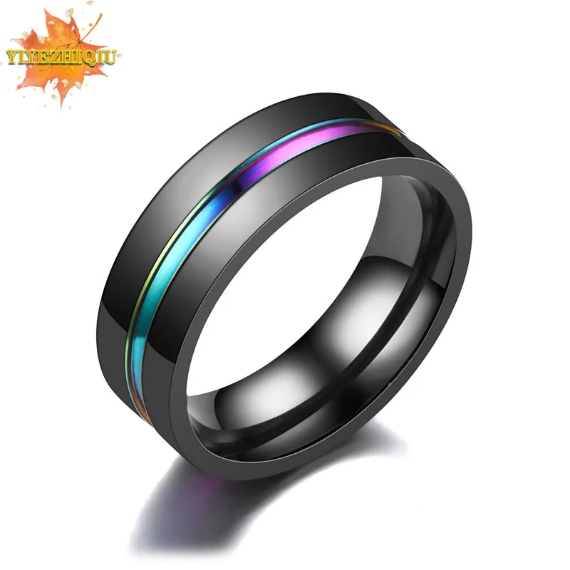 Stainless Steel Trendy 8MM Black Multicolor Groove Ring For Men Wedding Bands Rainbow Rings Male Jewelry | Украшения и аксессуары