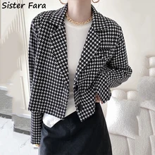 Sister Fara Spring Autumn Chic Houndstooth Short Blazers Women's Casual Jacket Blazer Coat Ladies Loose Single Button Blazers