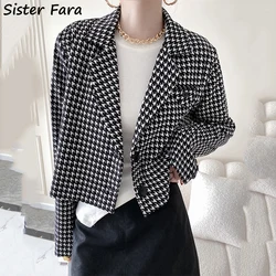 Irmã fara primavera outono chique houndstooth blazers curto feminino jaqueta casual blazer casaco senhoras solto único botão blazers