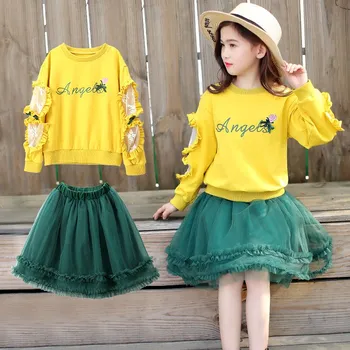 

Fashion Princess Clothing Set Girls Bow T-Shirts and Solid Mesh Skirt Two Piece Girl Set Spring Summer School Teenage Skirt Sets