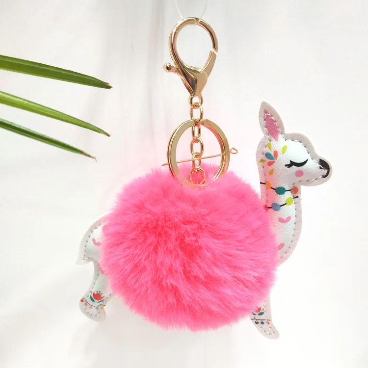 

Fluffy Hair Ball Cute Alpaca Plush Key Chain PU Leather Animal Key Chain Charm Artificial Rabbit Hair Pom Lady Bag Car Ornament