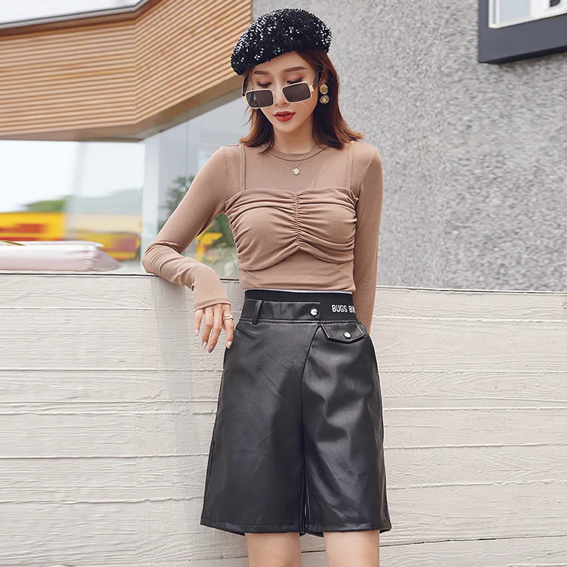 European Autumn Winter PU Leather Shorts Women 2020 New England Style High Waist Solid Black Letter Print Casual Half Shorts