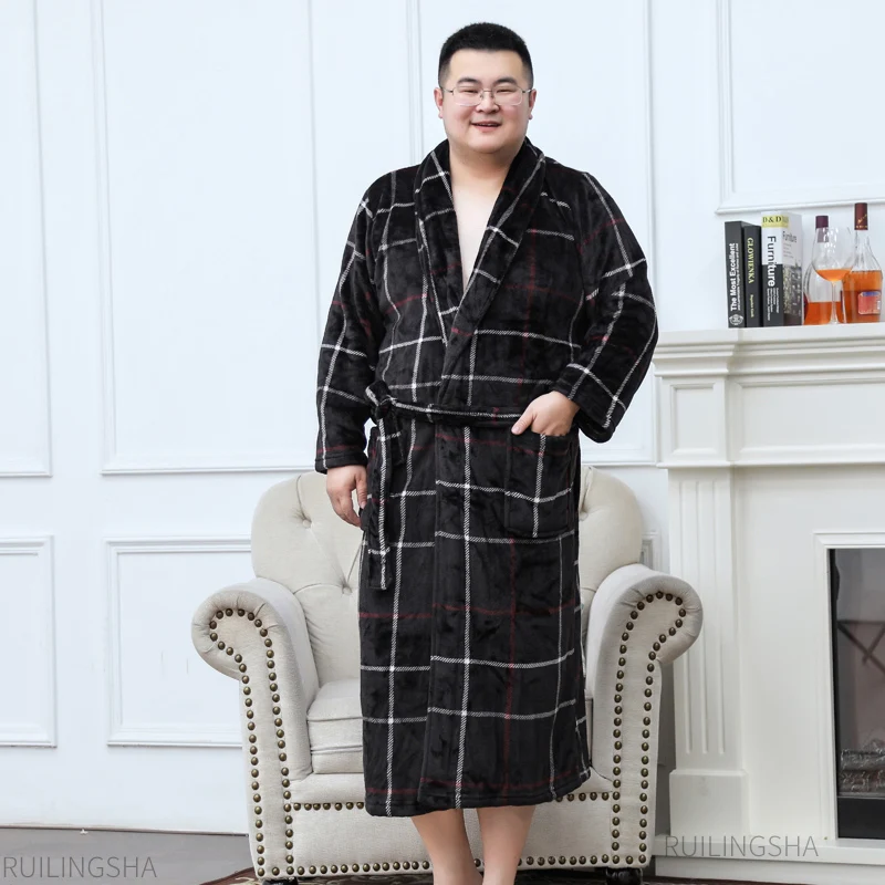 Мужской Халат большого размера плюс 3XL, длинный банный халат 135 кг, зимний теплый фланелевый банный халат, мужские кимоно халаты, женская одежда для сна, сексуальный халат - Цвет: Men Red Plaid