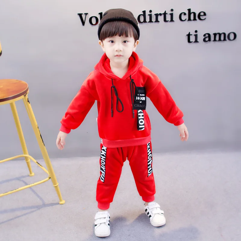 

2019 New Style Casual Korean-style Lettered Double-sided Plush Autumn And Winter Two-Piece Set Male Baby Set Childrenswear Hoodi