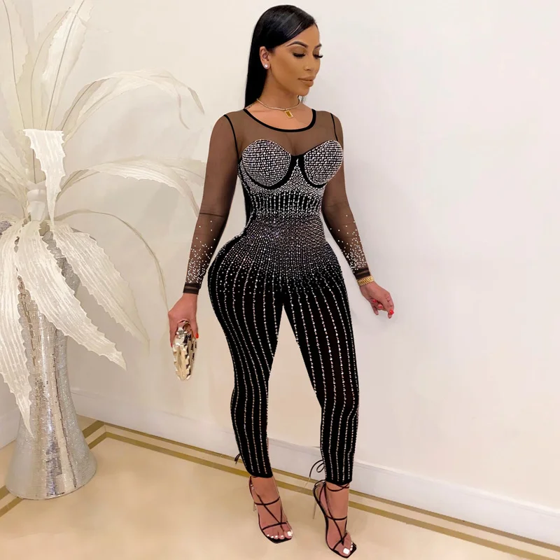 Rhinestone See Through Sheer Mesh Sexy Jumpsuit Clubwear Bodycon Romper Party O-Neck Long Pant Overalls for Women Elegant Outfit rhinestone see through sheer mesh sexy jumpsuit clubwear bodycon romper party o neck long pant overalls for women elegant outfit