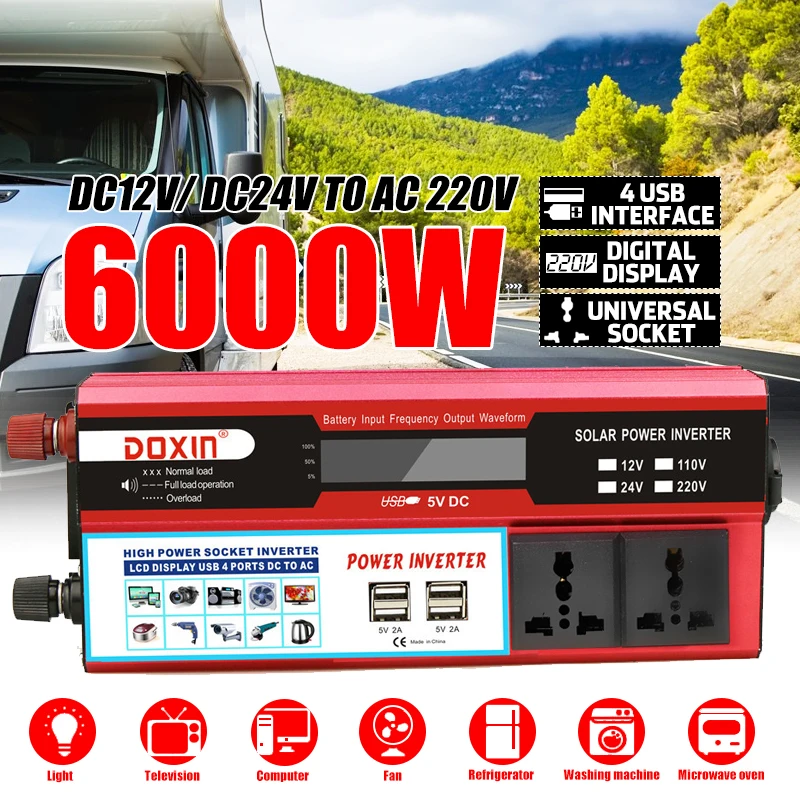  Eficiente 4 USB 6000W DC12/24 V a AC220V pantalla LCD coche inversor cargador convertidor adaptador