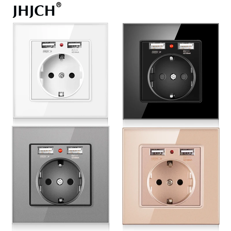 JHJCH-toma de corriente de la UE, enchufe con puerto de carga USB 2.1a 16A, panel de cristal, toma de corriente ruso y español