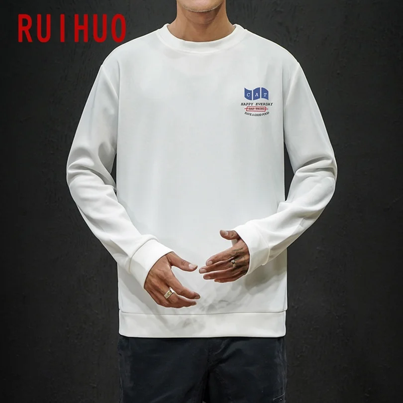 RUIHUO 2020 Осенняя белая толстовка с принтом кота мужская Японская уличная Мужская