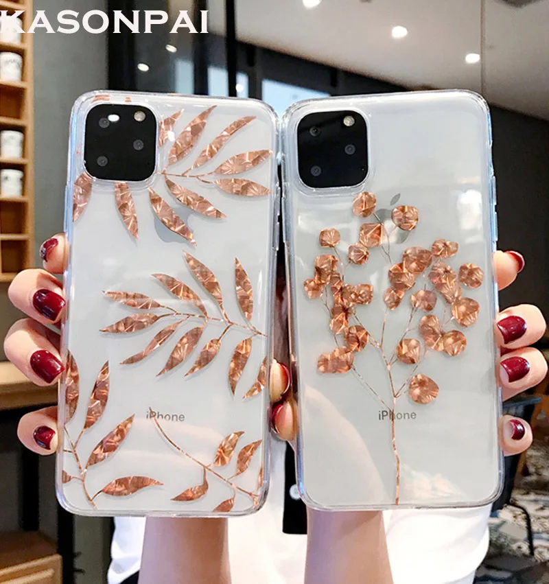 Luxury Rose Gold Leaves Phone Case For iPhone 11 Pro Max XR XS Max 7 8 Plus X Clear Soft Electroplated Back Case - AliExpress Cellphones & Telecommunications