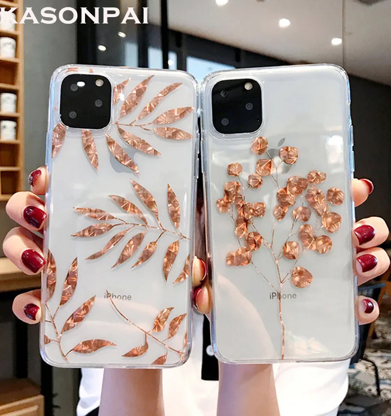 Luxury Rose Gold ใบสับปะรดสำหรับ iPhone 11 Pro Max XR XS Max 7 8 Plus X Clear soft Electroplated