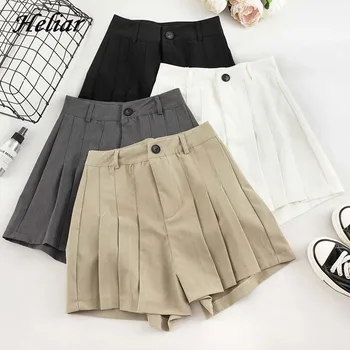 

HELIAR 2019 Autumn Women Solid High Waist Pleated Shorts Campus Wide Leg Outwear Shorts INS Hot Casual Formal Shorts With Button
