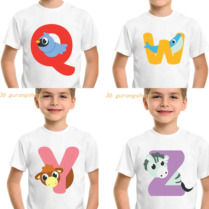 Animal Cartoon Kid Tshirt Girl Letters M N Q Y W Cartoon T Shirt L T R Z Girls Tops Children T-shirts Kids Clothes Boys T Shirts