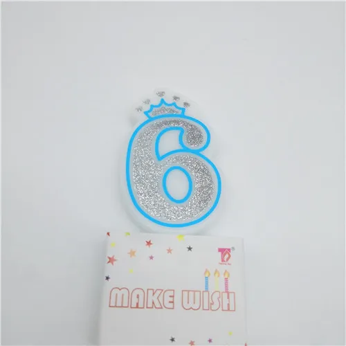 6-blue Номер 0-9 свечи сверкающие Серебристые розовые синие короны свечи для торта украшения для кексов для детей девочек день рожденья для мальчиков - Цвет: 6-blue