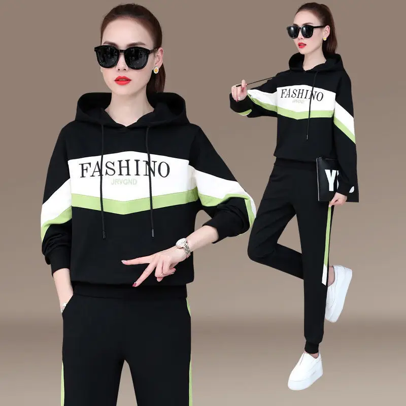 

Autumn Fashion Hooded Sweater 2 Piece Outfits Loose Letter Stitching Two Piece Set Top and Pants Grey Blue Black Clothes