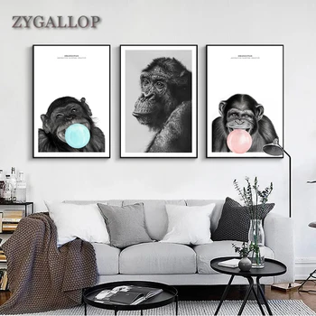 

Bubble Chewing Gum Monkey Animal Posters Canvas Art Painting Wall Picture for Living Room Home Decoration Combination Paintings