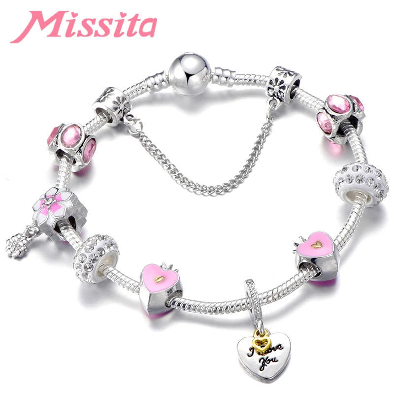 MISSITA Fashion Bracelet for Women Silver Charm Bracelet with Rose Pendant String Decoration Anniversary Gift pulseras mujer - Metal Color: AJ3032