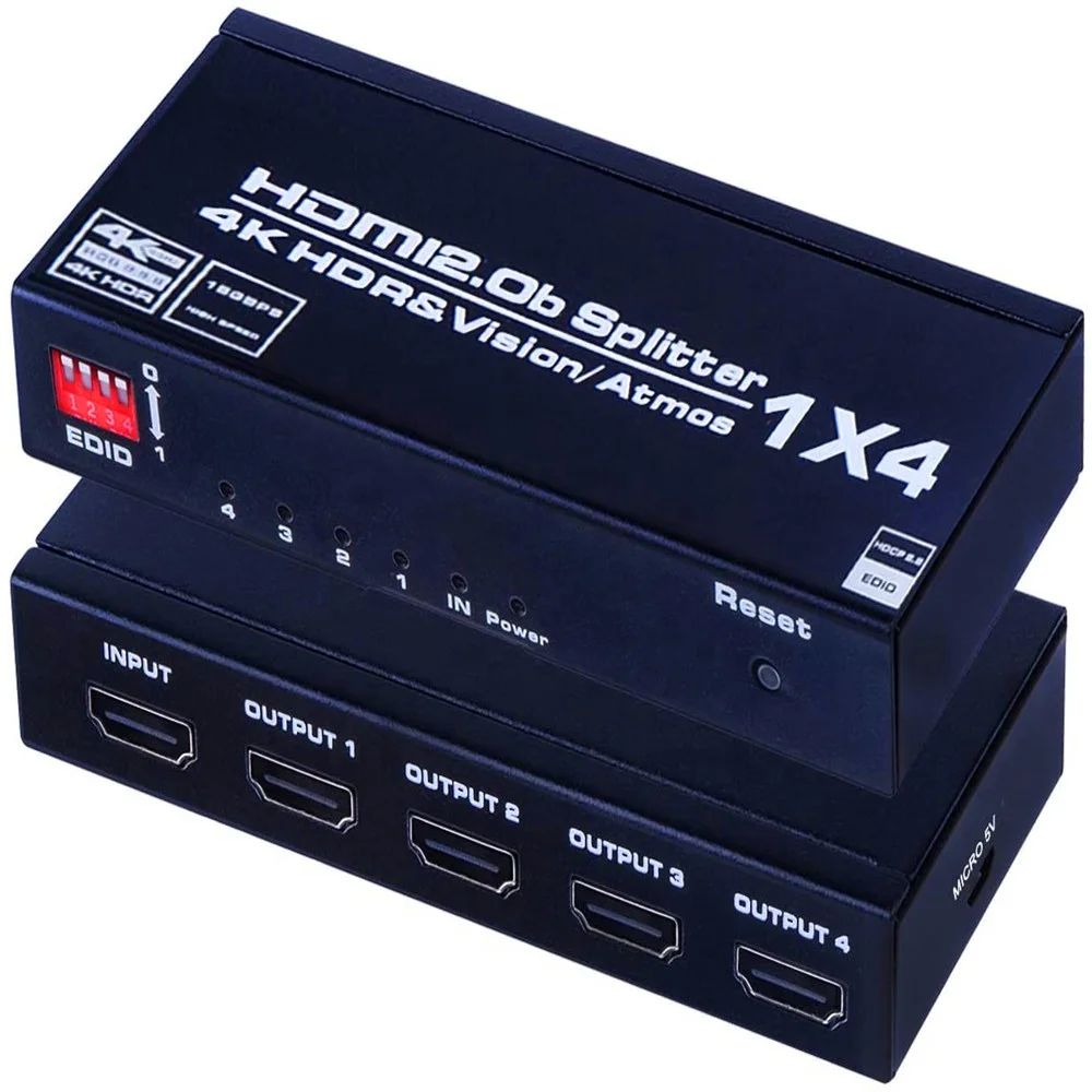 

HDMI2.0 Splitter 1 in 4 Out 4K 60Hz HDMI Splitter 1x4 Audio Video Distributor Box Support Full Ultra HD HDR for Blu-Ray