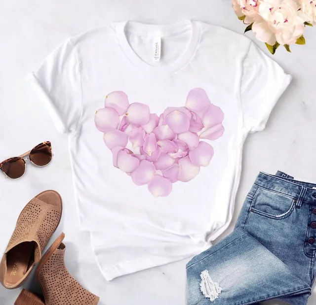 Heart flower print ladies T-shirt ladies casual basis O-collar white shirt short sleeve ladies T-shirt love graphic printing 19853