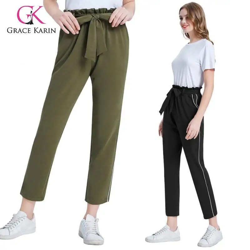 

Grace Karin Women's Classic Striped Sides Skinny Pants Ruffled Elastic Waist Belt Decorated Lady Leisure Sport Pants