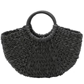 

Handmade Beach Bag Round Straw Tote Bag Large Bucket Summer Bags Women Natural Basket Handbag, Black No Lining