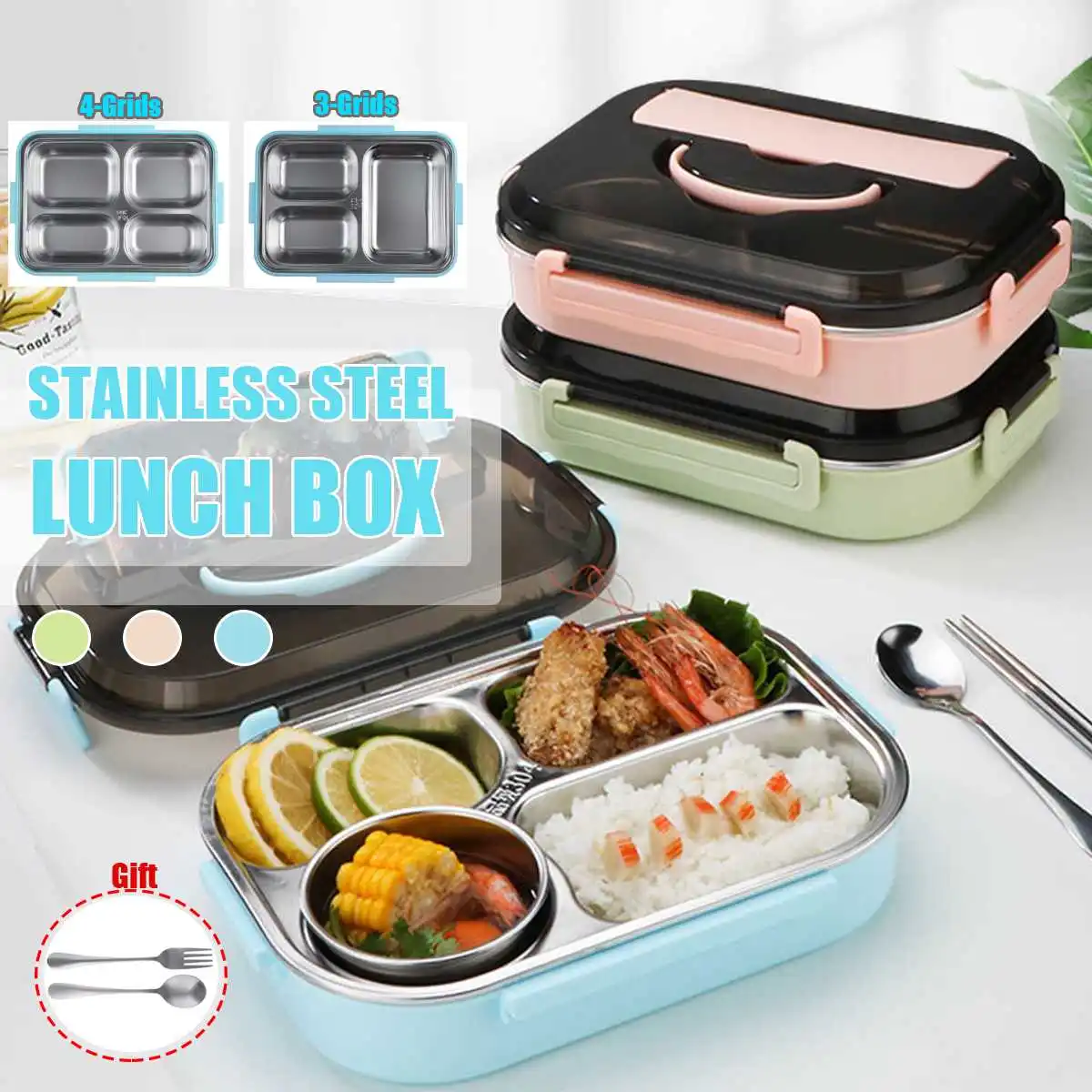 3/4Grid Stainless Steel Thermos Lunch Box Insulated Bento Bag Portable