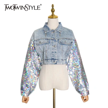 

TWOTWINSTYLE Patchwork Sequin Denim Jacket For Women Lapel Collar Long Sleeve Streetwear Jackets Female 2020 Spring Fashion New