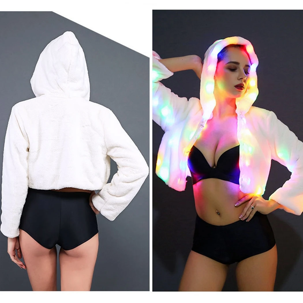 6XL, искусственный мех, светодиодный, легкое пальто, для женщин, Рождество, укороченная куртка, зимняя, теплая, искусственный мех кролика, с капюшоном, пальто, верхняя одежда, вечерние, Клубные пальто