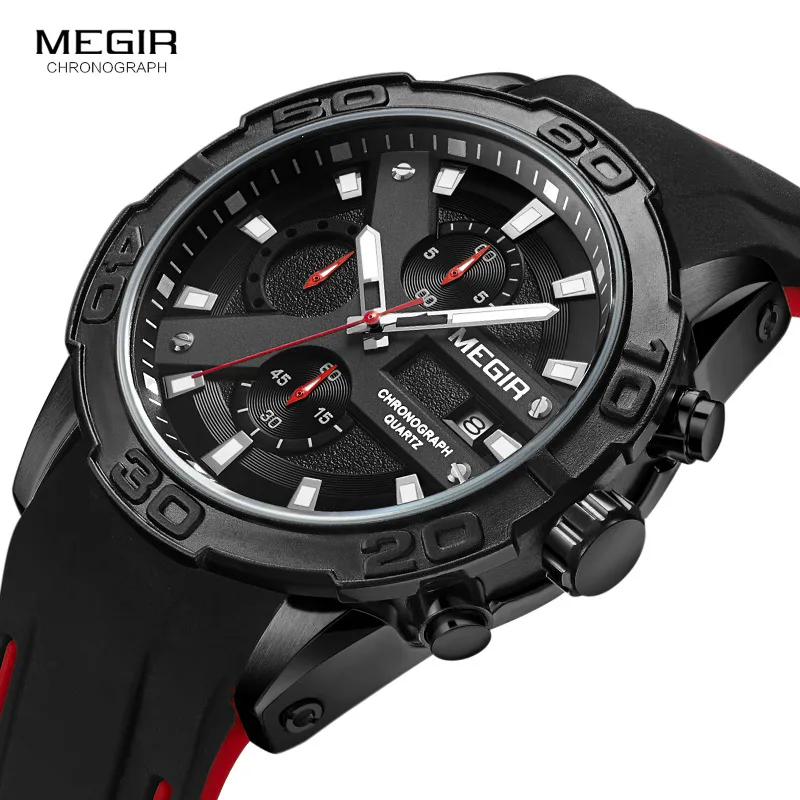 

MEGIR Fashion Sports Multifunction Quartz Men Watch Silicone Strap Calendar Chronograph Analogue Waterproof Luminous Wristwatch