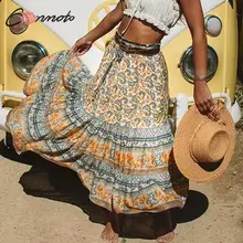 Conmoto пляжная Бохо длинная юбка для женщин оборками feminino юбки цветочный принт Высокая талия Лоскутная Повседневная Женская юбка
