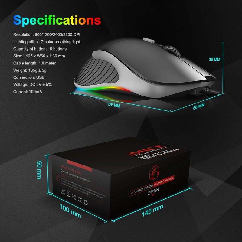 IMICE X6 Gaming Mouse - Full Specifications and Dimensions - 125x66x36mm 135g with Packaging