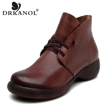 

DRKANOL Brand Handmade Genuine Cow Leather Women Ankle Boots British Style Vintage Cowhide Soft Bottom Casual Women Flat Boots