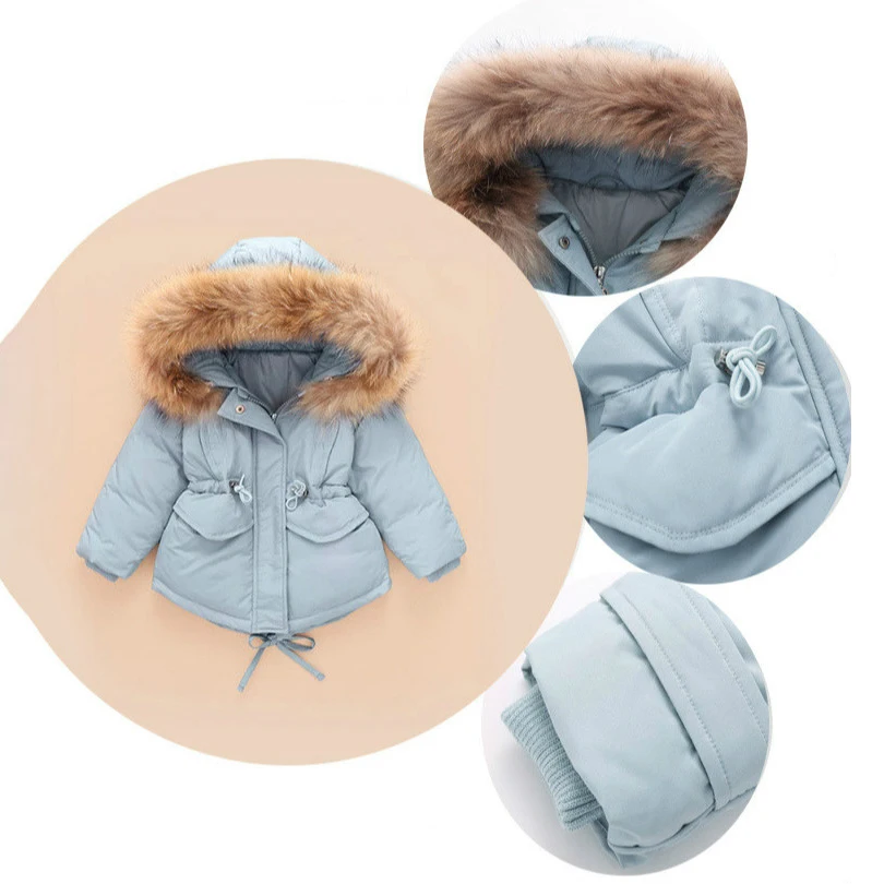 Winter Baby Girls Jumpsuit Fashion Fur Hooded White Duck Down Coat+thick Parka Pants 2pcs Snowsuit Children Clothing Outerwear