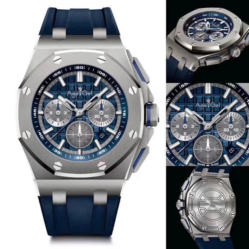 

Luxury Brand New Men Silver Blue Chronograph Sapphire Stainless Steel Sapphire Oaks StopWatch Luminous Black Rubber Royal Watch
