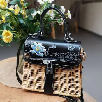 

Fashionable spring and summer rattan bag hand embroidery female bag small bag fresh literary embroidered bag leather