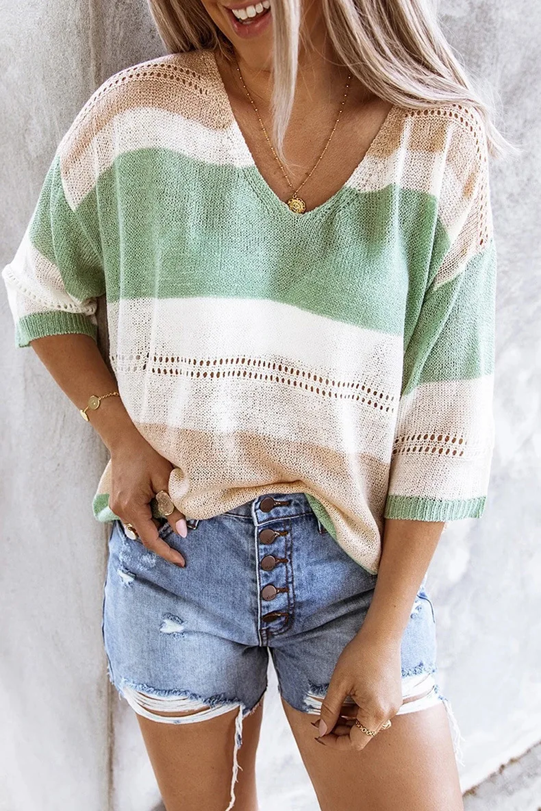 

Spring Autumn Knitted Tops Sweaters For Women 2020Mid Sleeve Hollow Color Block Loose Sweaters Casual Lightweight Sweater